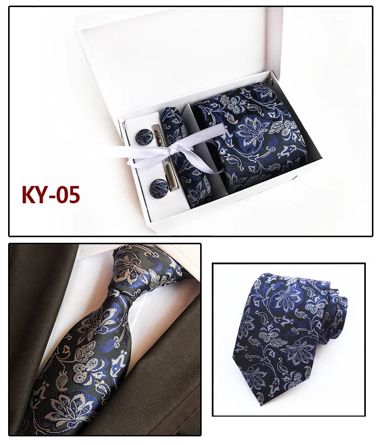 tie set for men gift box for men gravata luxury designer brand 8 cm Jacquard Necktie Pocket Square Clip cufflinks