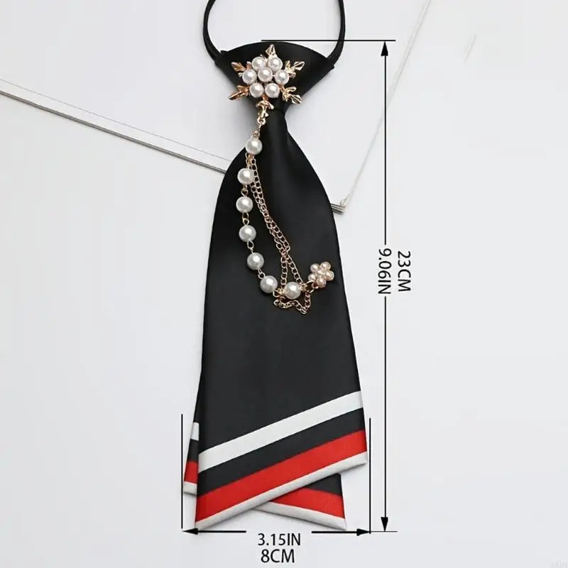 No-Knot Women's Necktie with Ornament Chain Accent, Polyester Flat-Tip Collar Tie for Office and School Functions 6XDA