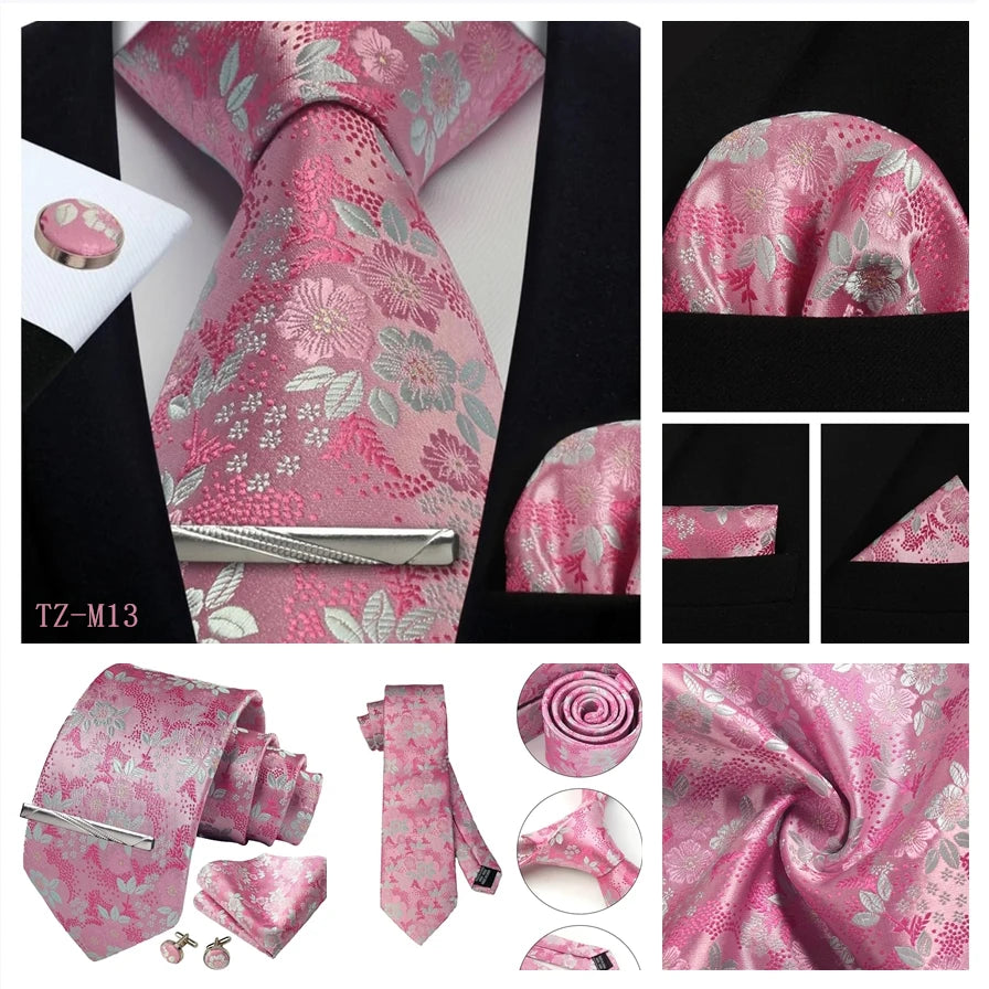 Mens Tie Set Silk Silver Paisley Floral Necktie and Pocket Square Cufflinks Tie Clip Classic Formal Ties for Men Wedding Party