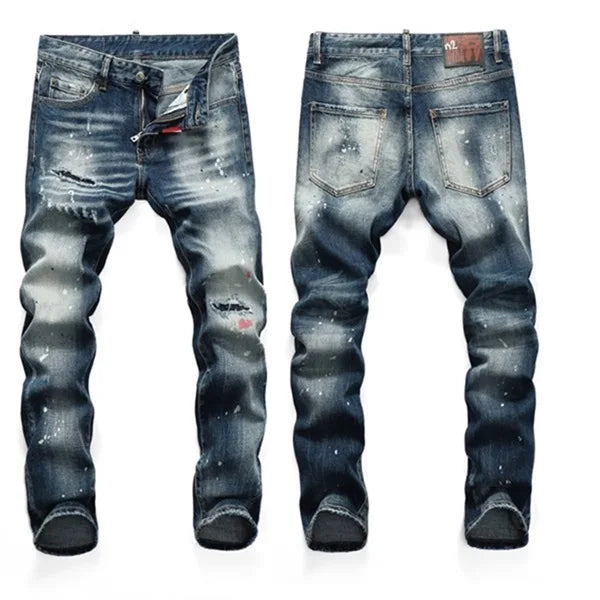 High Quality Street Fashion Men Jeans Retro Blue Elastic Slim Fit Ripped Jeans Men Embroidery Designer Denim Brand Pants Hombre