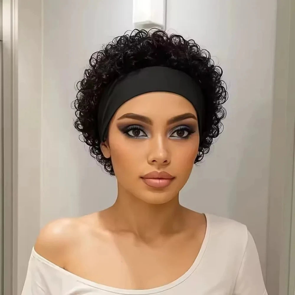 Water Wave Headband Wig Human Hair Wigs Curly Bob For Women Real Hair Pixie Cut Wig Machine Made Cap Hair