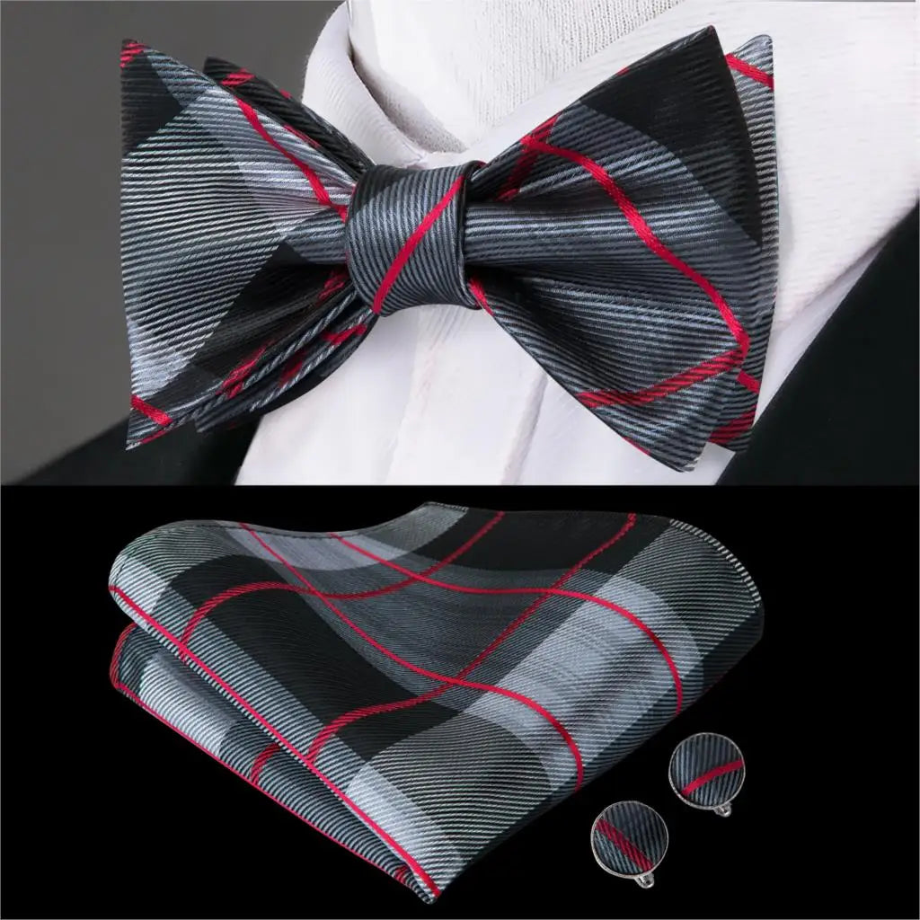 Hi-Tie Adjustable Butterfly Self Bow Tie for mens 100% Silk Floral Paisley Male Classic Wedding Party Golden Red Bow Tie Set