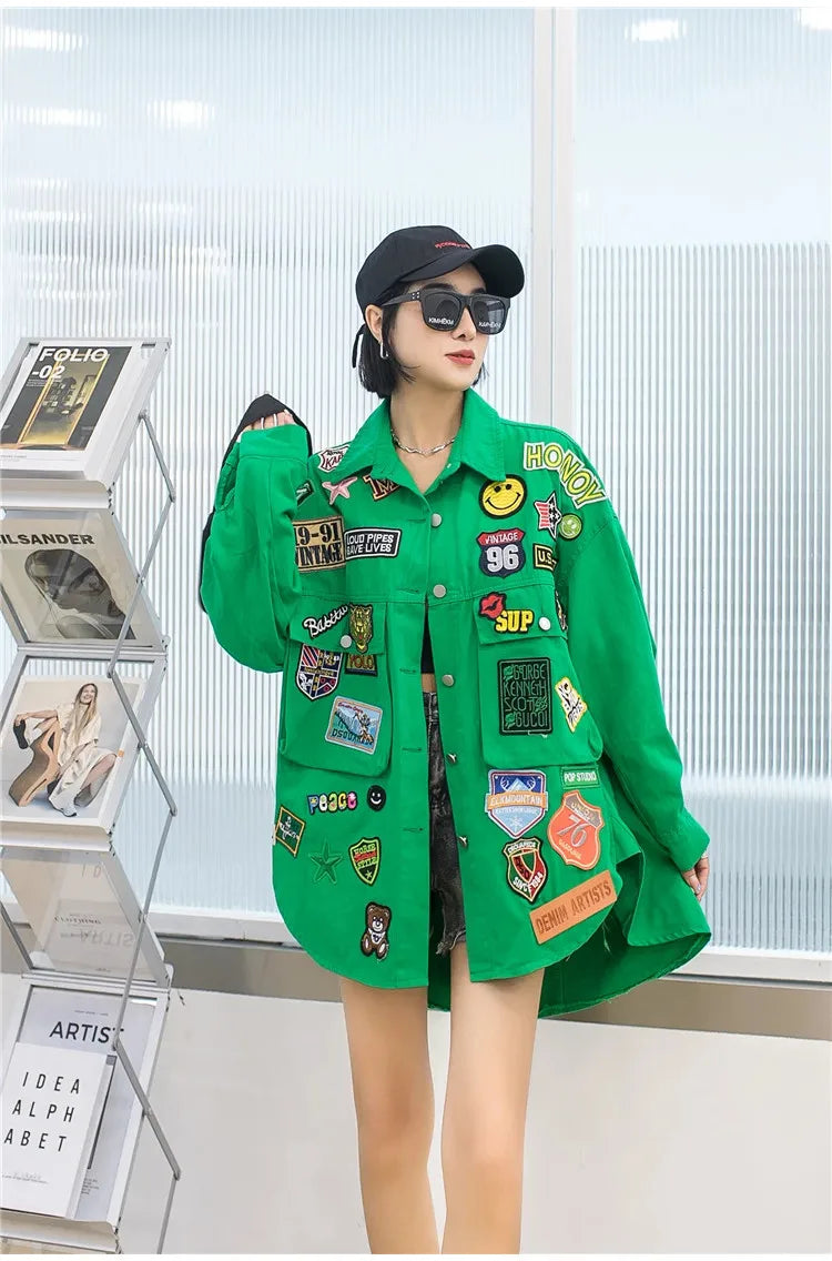 Fashion Embroidery Patches Denim Jacket Coat Women Harajuku Streetwear Hip Hop Trend Loose Jean Jackets Outerwear