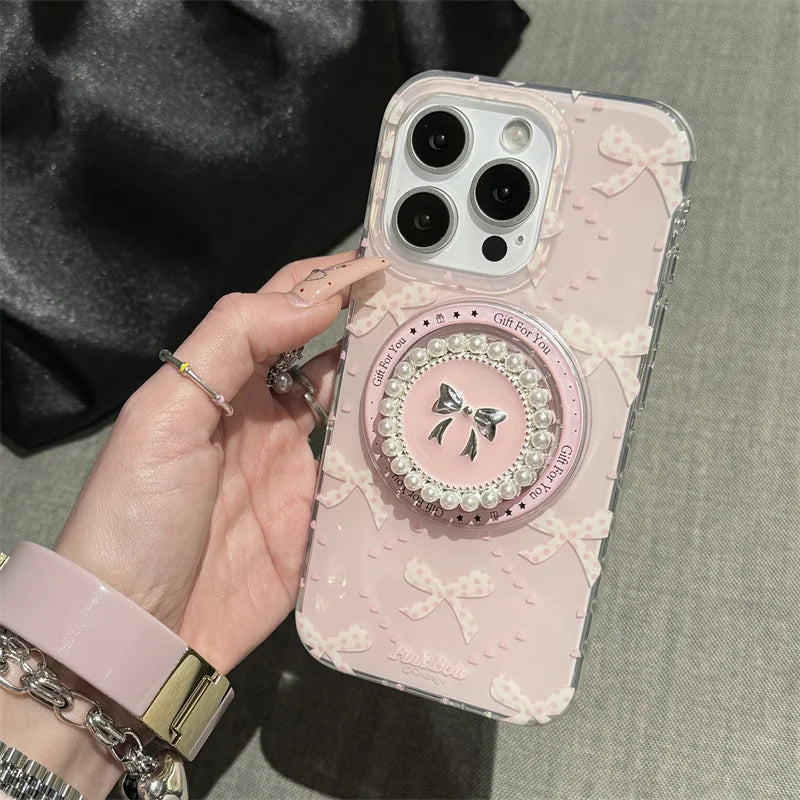 Lovely Magnetic Phone Case For iPhone 16 Pro 15 14 13 Pro Max 15Pro Cover with Pearl Bowknot Stand Shockproof Cases for Magsafe