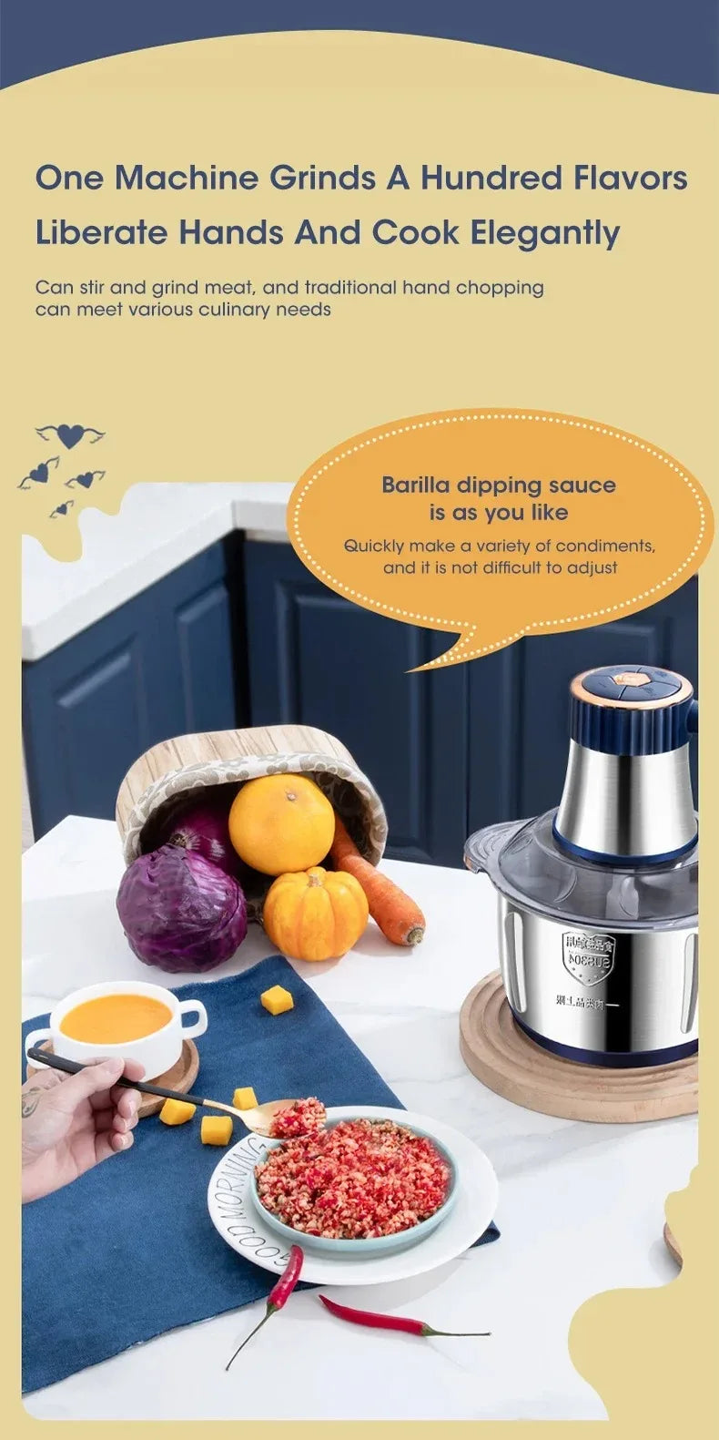 5L Electric Meat Grinder Chopper Stainless Steel Meat Vegetables Blender, 500W Household Stuffing Food Processor Mincer 5 Modes