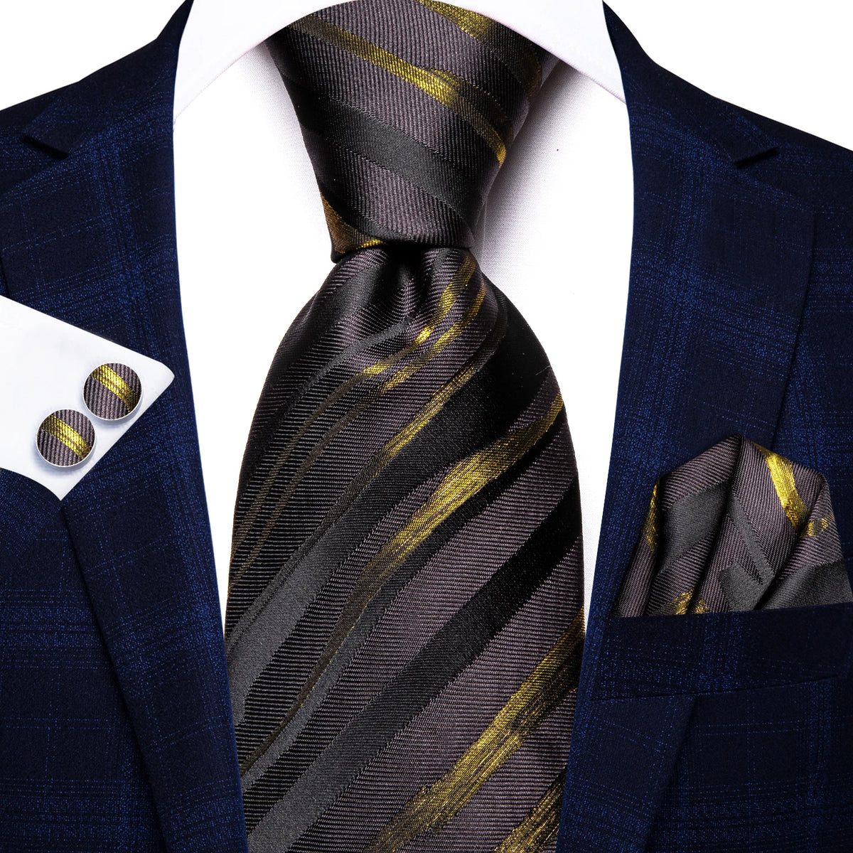 Hi-Tie Burgundy Blue Striped Men Elegant Necktie Handkerchief Cufflinks for Tuxedo Fashion Classic Silk Luxury Tie for Man