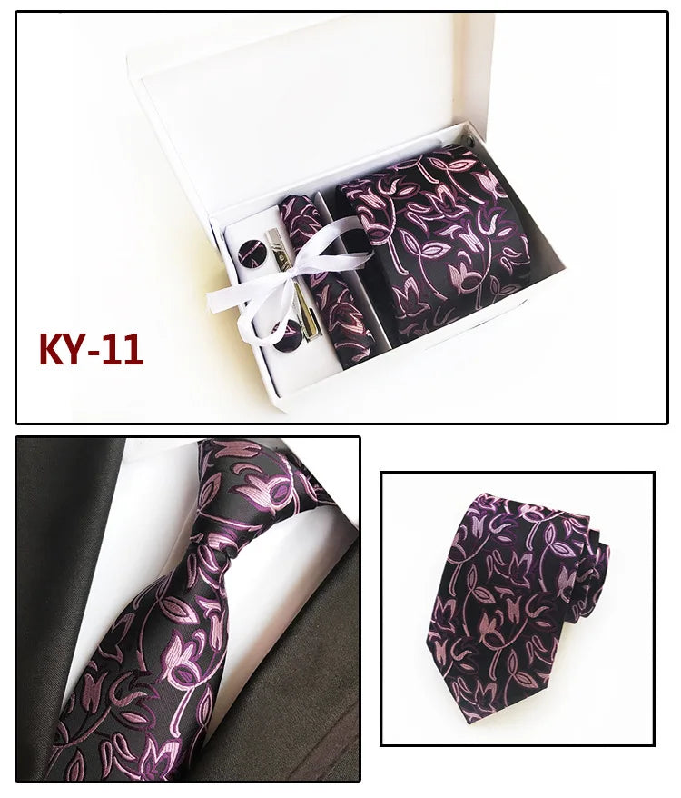 tie set for men gift box for men gravata luxury designer brand 8 cm Jacquard Necktie Pocket Square Clip cufflinks