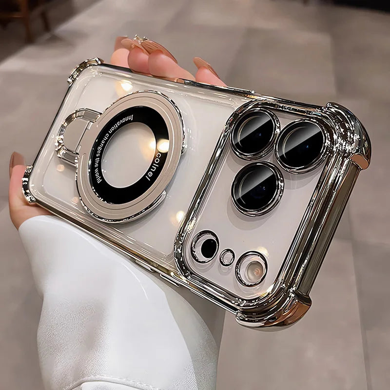 For Magsafe Bracket Clear Plating Phone Cases For iPhone 17 16 15 14 13 12 Pro Max Plus Air Magnetic Ring Stand Holder Cover