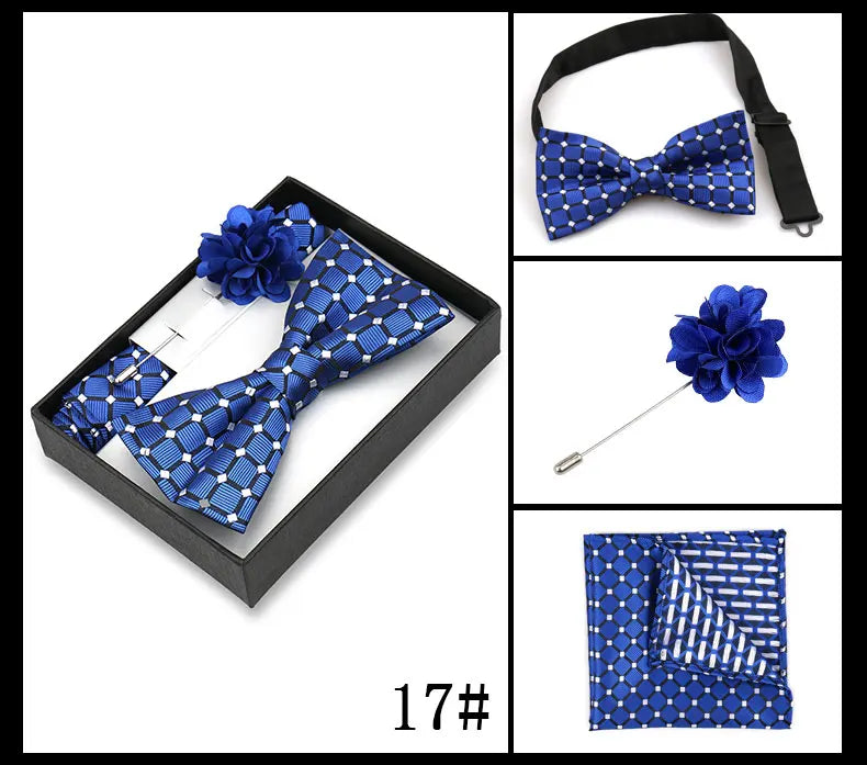 Classic High Quality Bow Tie Set Box Gift For Men Fashion Elegant Bowtie Handchief And Brooch Set Wedding Business Accessories