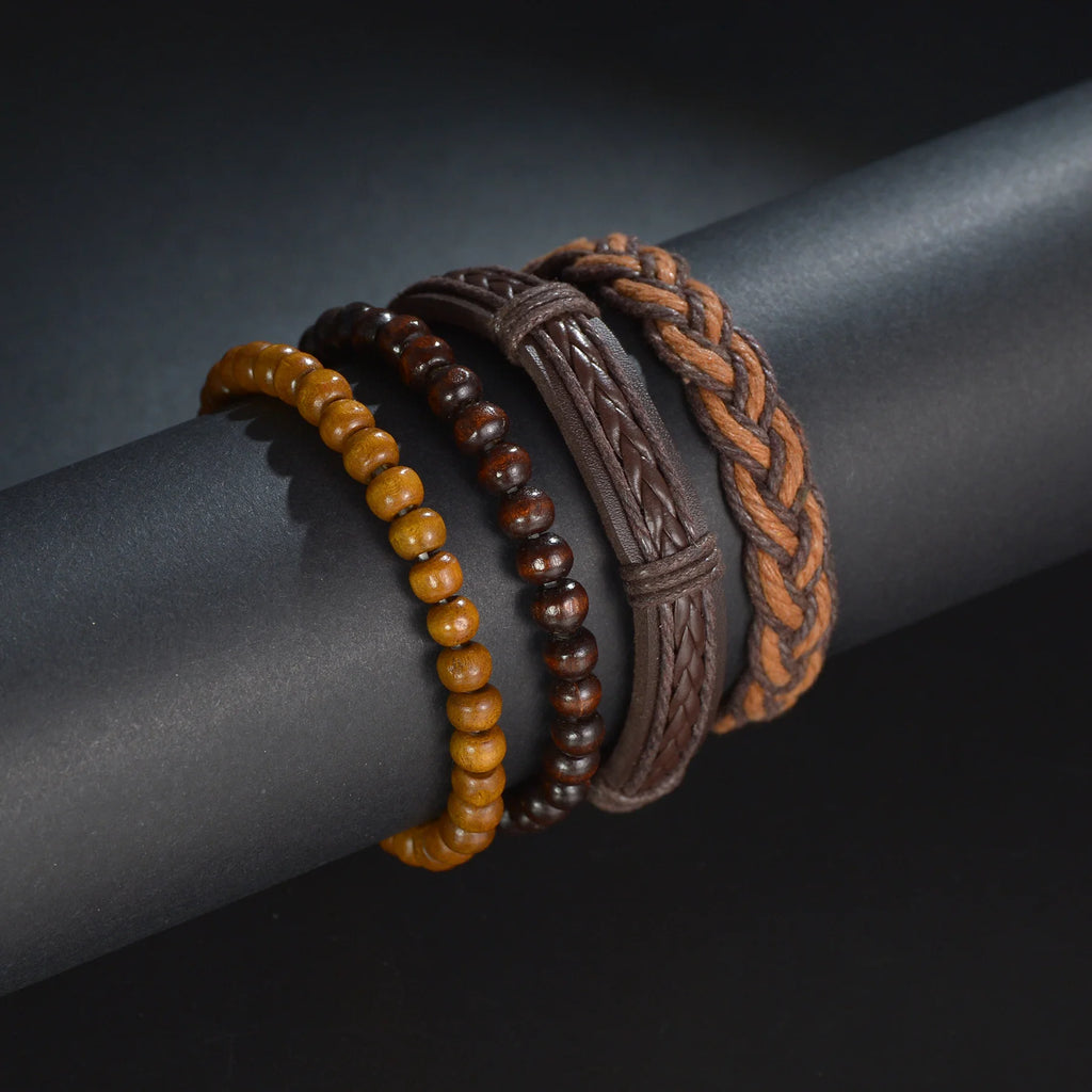 MeMolissa 3/4Pcs/ Set Braided Wrap Leather Bracelet for Men Vintage Life Tree Guitar Wood Beads Fashion Male Bracelets Wristband