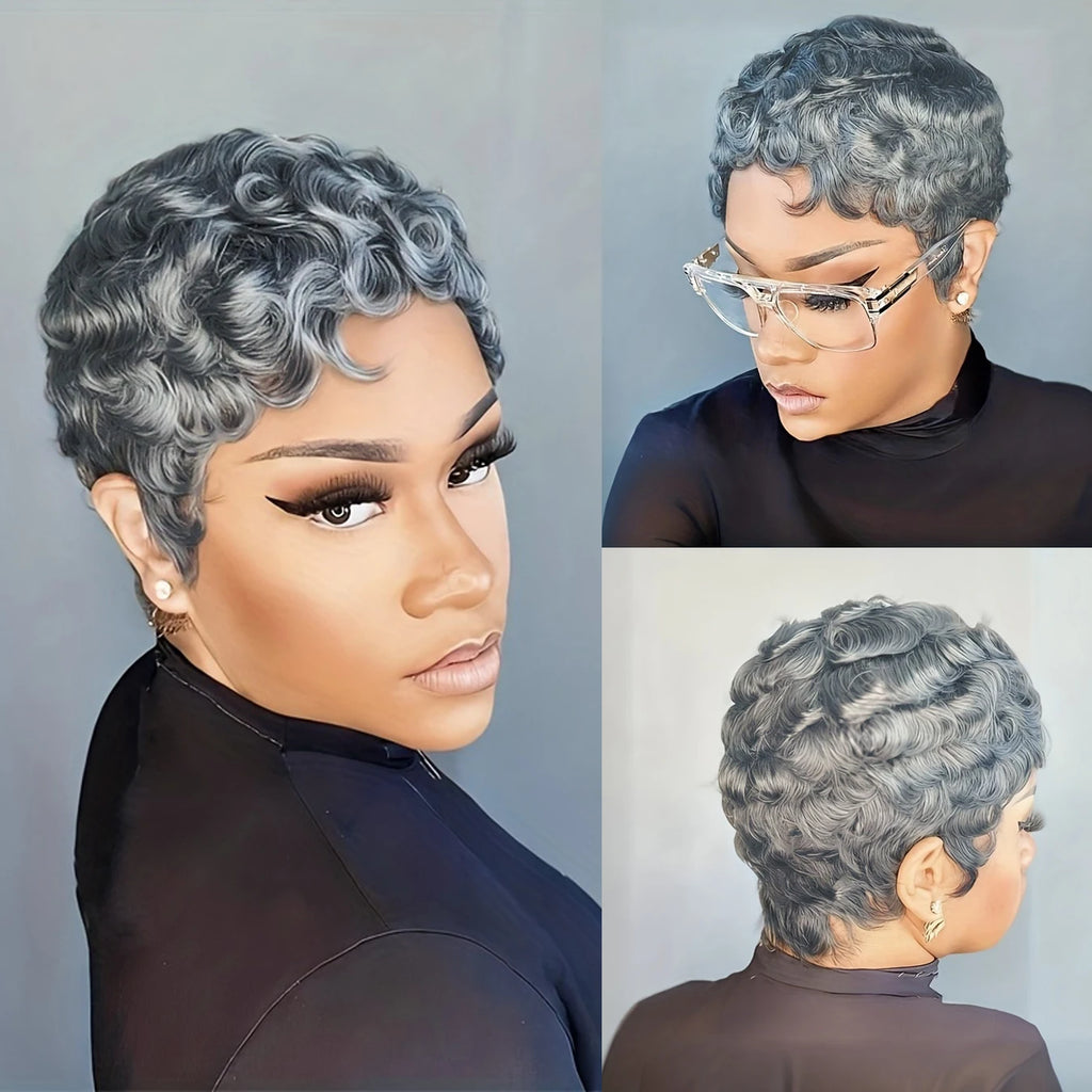 Human Hair Wig 6Inch Natural Grey with Loose Curls180% Density Machine-Made Wig with Rose Net Cap Comfortable Fit for Daily Wear