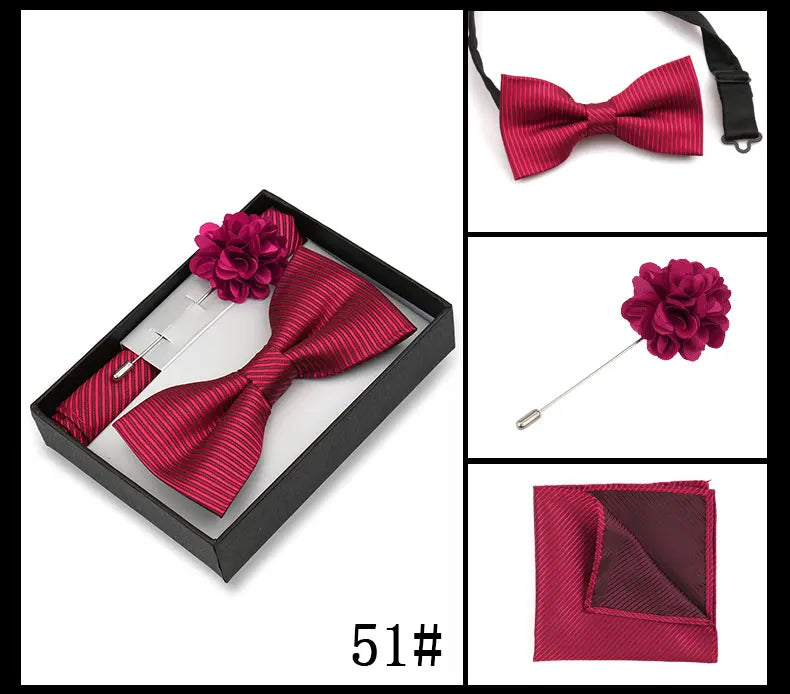 Classic High Quality Bow Tie Set Box Gift For Men Fashion Elegant Bowtie Handchief And Brooch Set Wedding Business Accessories