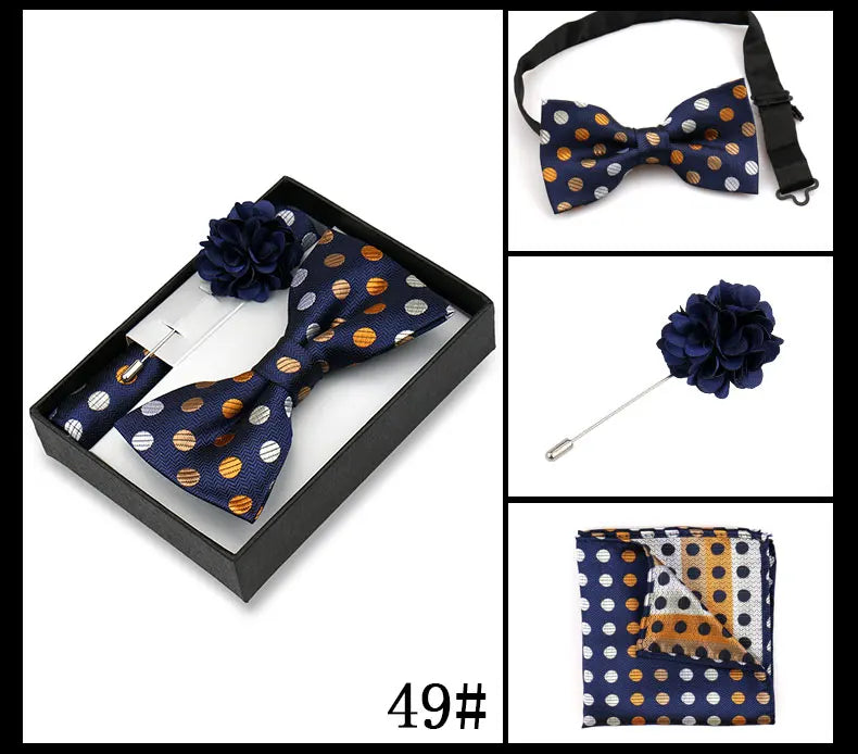 Classic High Quality Bow Tie Set Box Gift For Men Fashion Elegant Bowtie Handchief And Brooch Set Wedding Business Accessories