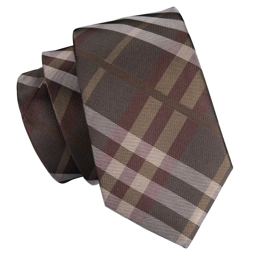 C-3014 Hi-Tie Men Tie Silk Necktie Plaid Brown Ties for Men High Quality Hanky Cufflinks Set Men's Wedding Pocket Square Tie Set