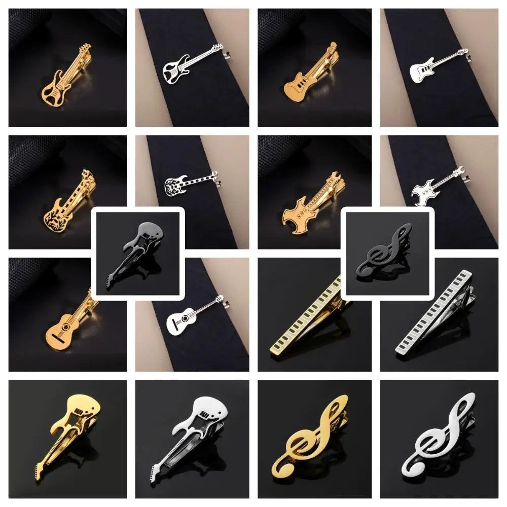 Treble Clef Guitar Tie Clip Titanium Steel Instrument Music Note Tie Pin Hip Hop Punk Piano Necktie Buckle Concert Accessories