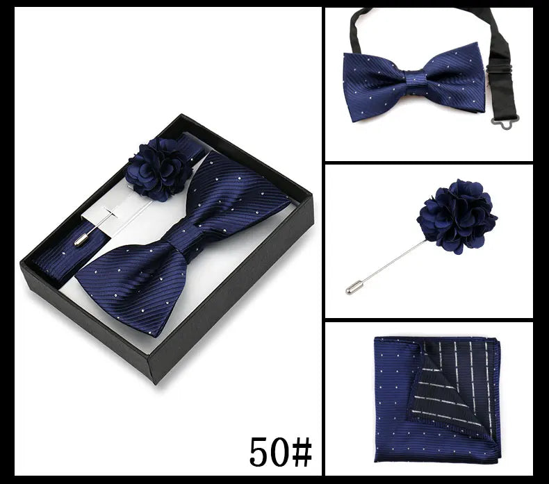 Classic High Quality Bow Tie Set Box Gift For Men Fashion Elegant Bowtie Handchief And Brooch Set Wedding Business Accessories