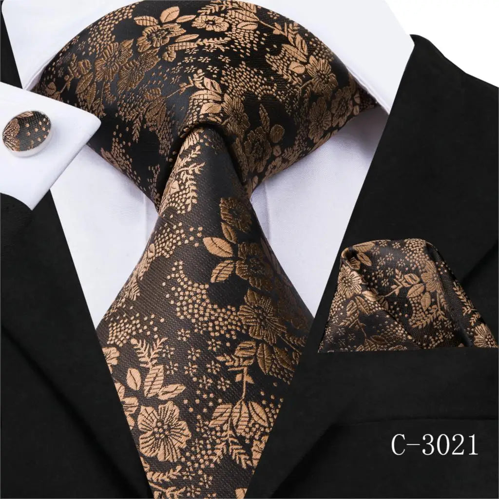 C-3014 Hi-Tie Men Tie Silk Necktie Plaid Brown Ties for Men High Quality Hanky Cufflinks Set Men's Wedding Pocket Square Tie Set