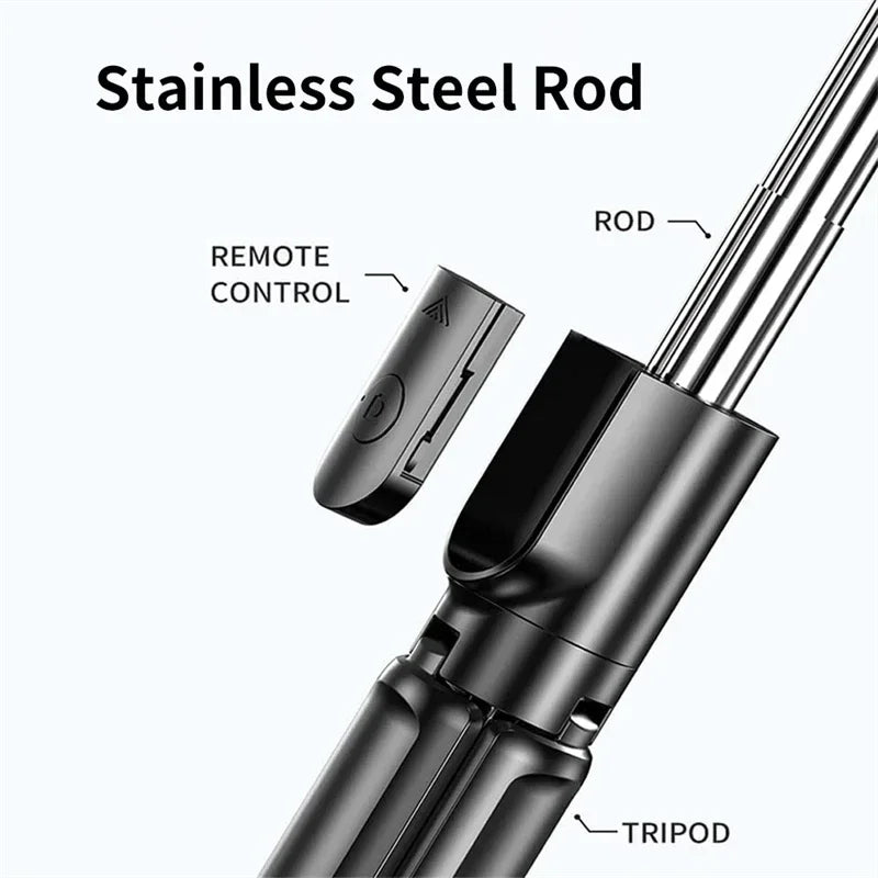 Wireless Selfie Stick with Tripod Stand and Light, Bluetooth Remote, Extendable for iPhone, Mobile Phone, Live Streaming