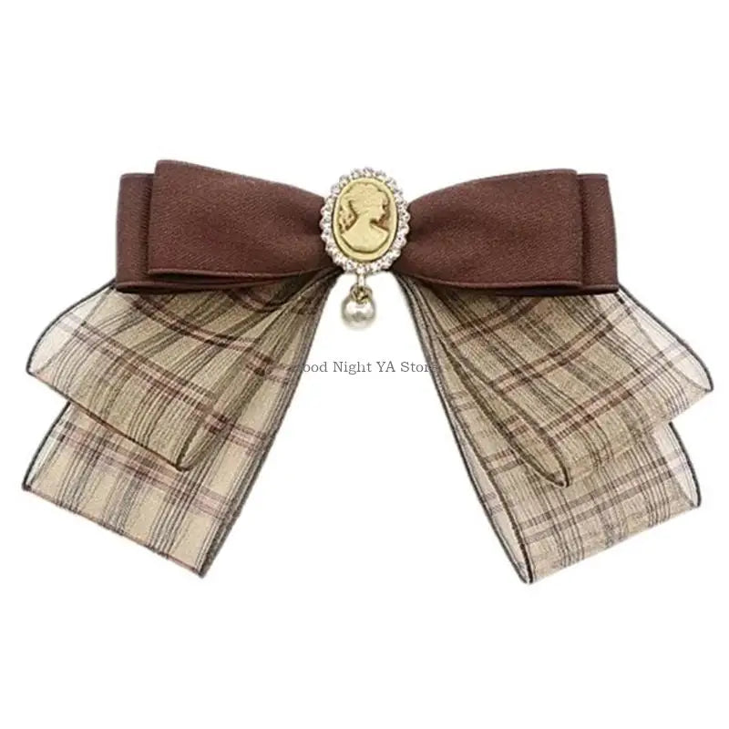 Retro Brown Plaids Bowtie Brooch Pin Uniform Ribbon Bowknot Jabot Collar Necktie