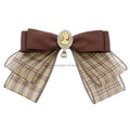 Retro Brown Plaids Bowtie Brooch Pin Uniform Ribbon Bowknot Jabot Collar Necktie