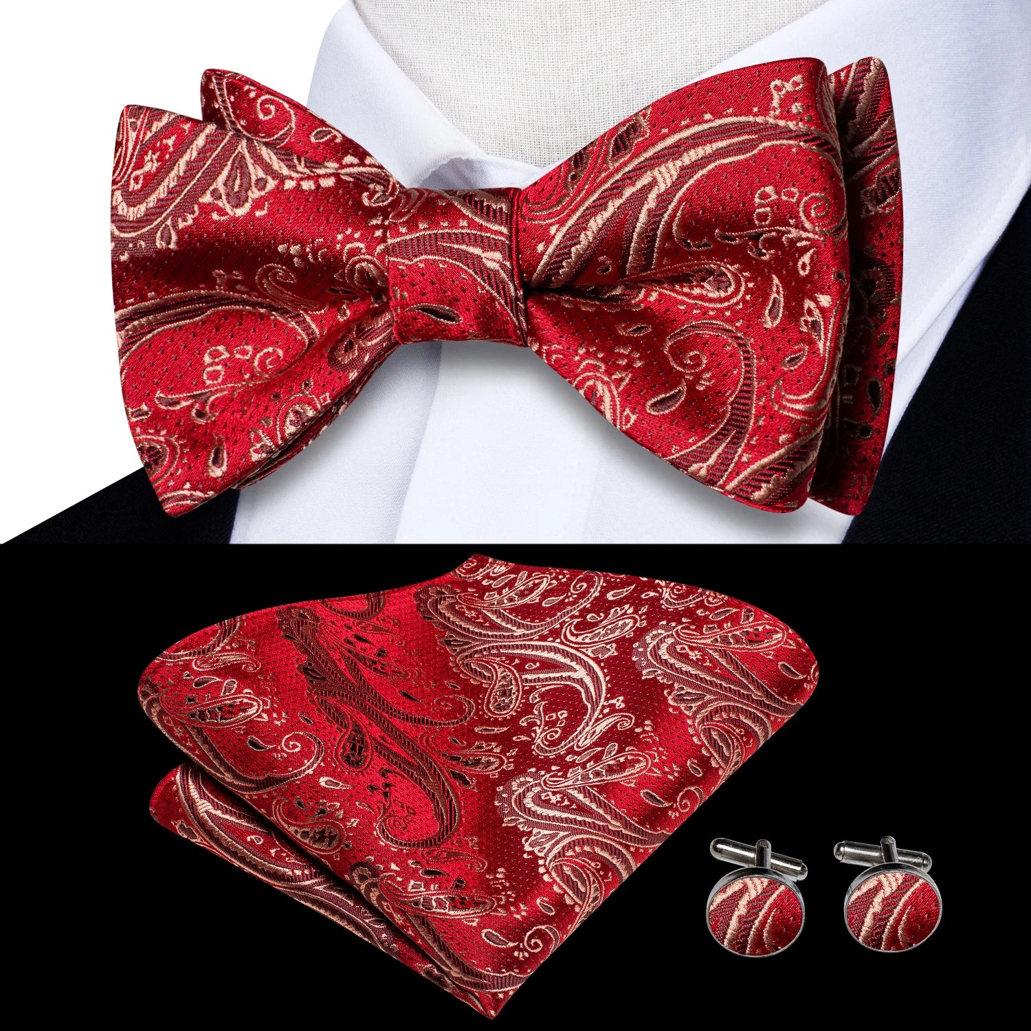 Hi-Tie Adjustable Butterfly Self Bow Tie for mens 100% Silk Floral Paisley Male Classic Wedding Party Golden Red Bow Tie Set