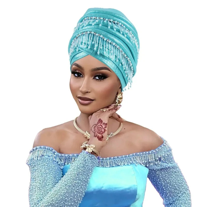 African Headtie Women Beads Tassels Turban Cap Nigerian Wedding Auto Gele Party Headpiece Head Wrap Hijab Bonnet Hat Headdress