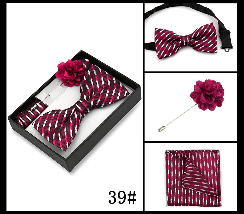 Classic High Quality Bow Tie Set Box Gift For Men Fashion Elegant Bowtie Handchief And Brooch Set Wedding Business Accessories