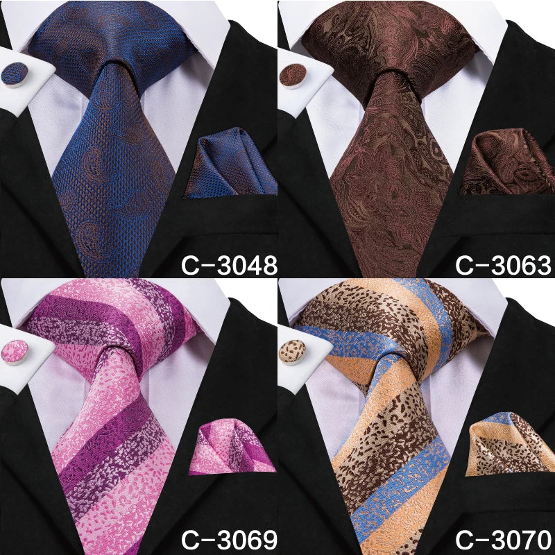 C-3014 Hi-Tie Men Tie Silk Necktie Plaid Brown Ties for Men High Quality Hanky Cufflinks Set Men's Wedding Pocket Square Tie Set