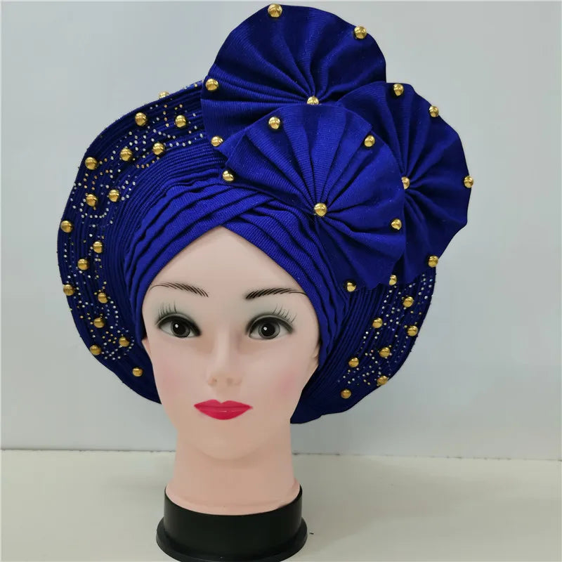 High Quality African Nigeria Gele Elegant Helmet With Stones Headband Turban Head Scarf Head-Hat Auto Gele Brand New Hats 7L1181