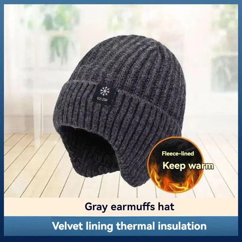 Outdoor Men Winter Knitted Hat Plush Warmth Peaked Cap Earmuff Casual Fashion Faux Fur Lined Bomber Hats Cycling Ear Protection