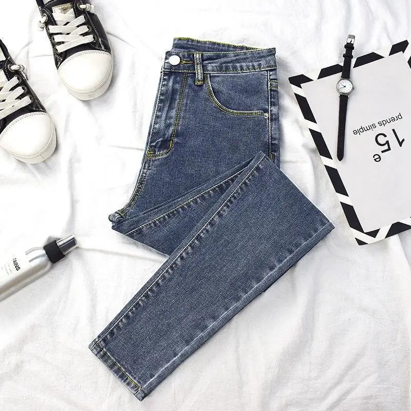 High Waist Slim Fit Jeans Women's Elastic Stretchy Nine Points Pants Spring Autumn Fashionable Casual Straight Leg Trousers