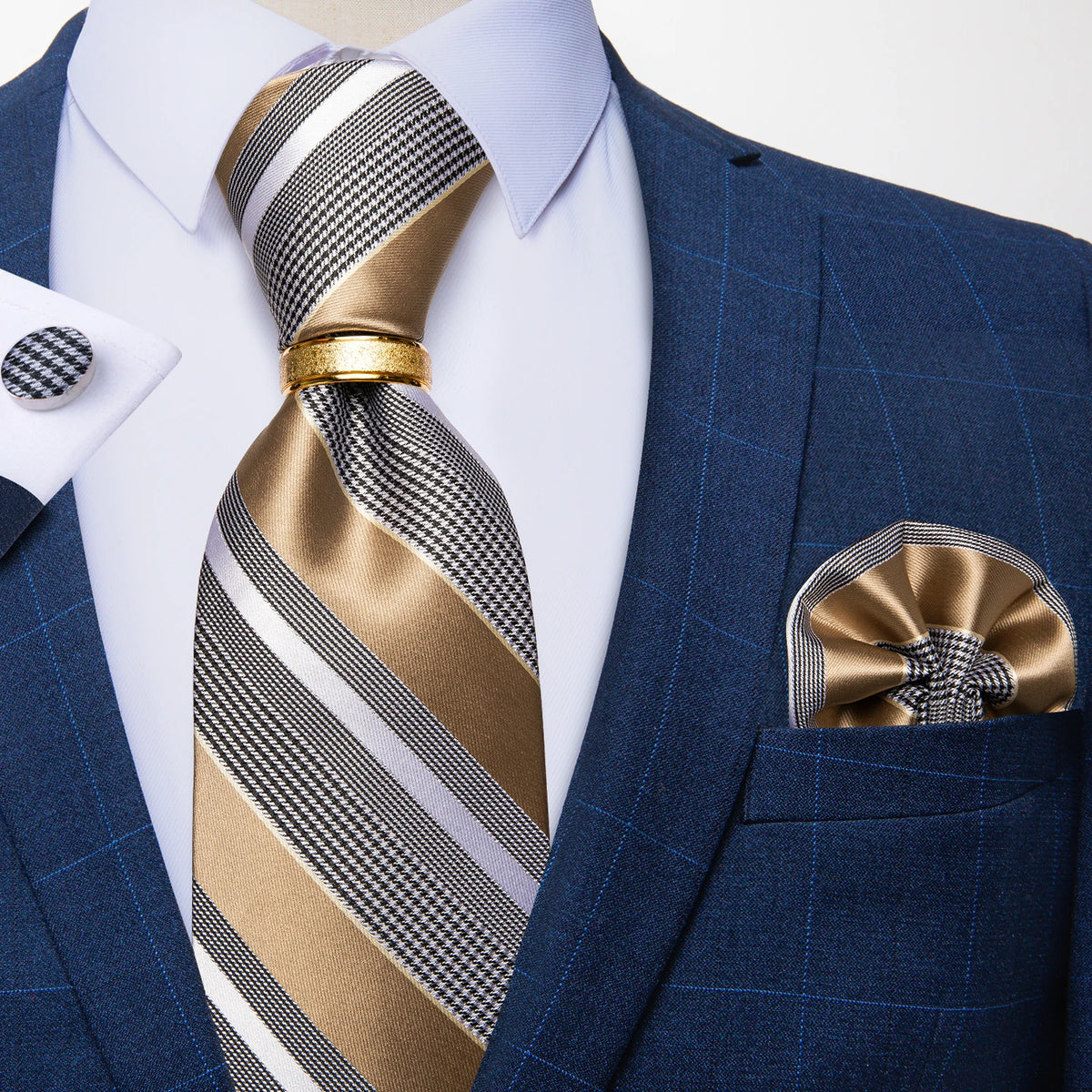 Men's Tie Handkerchief Cuffink Necktie Set Jacquard Woven Silk Blue Wedding Formal Business Party Necktie Ring Set DiBanGu