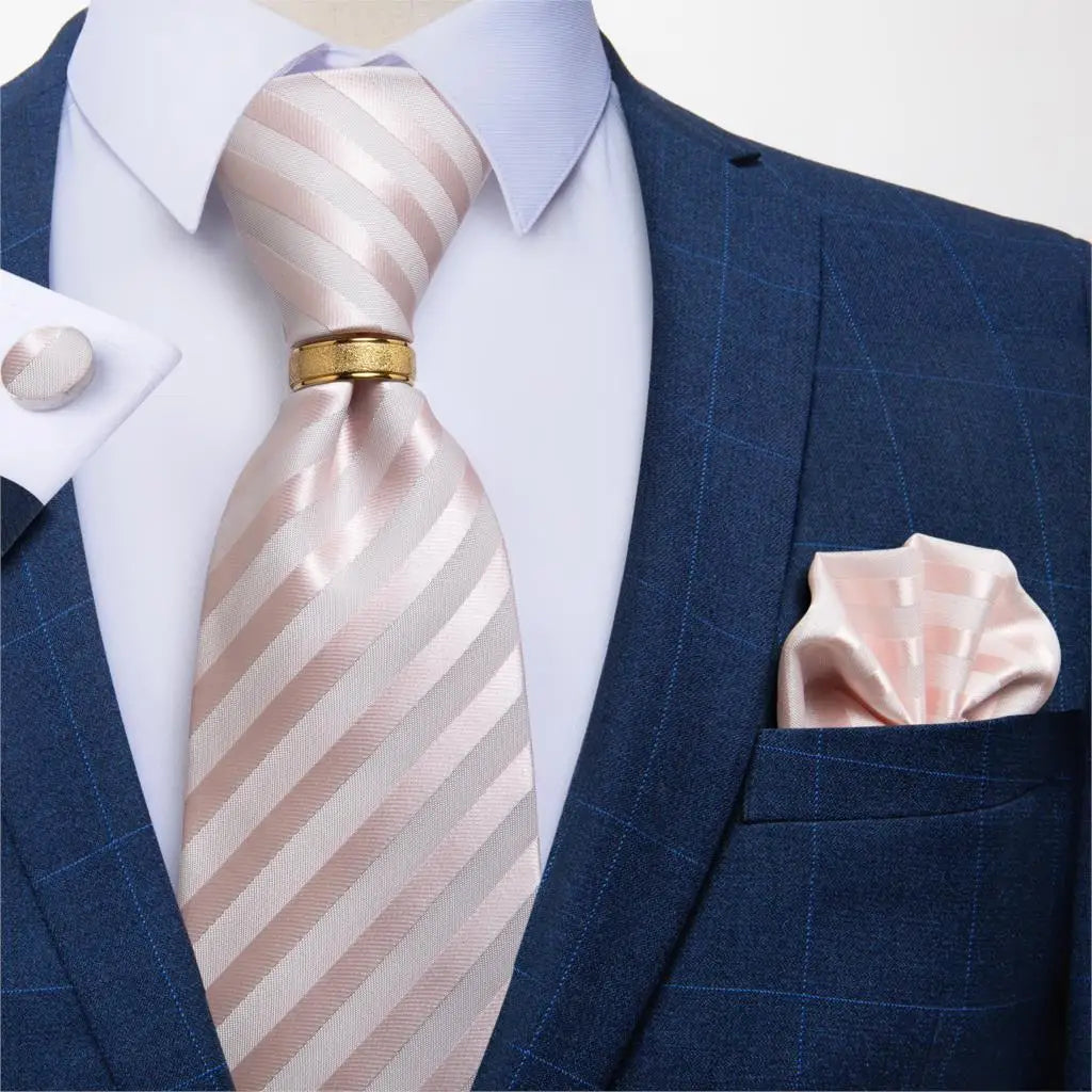 Men's Tie Handkerchief Cuffink Necktie Set Jacquard Woven Silk Blue Wedding Formal Business Party Necktie Ring Set DiBanGu