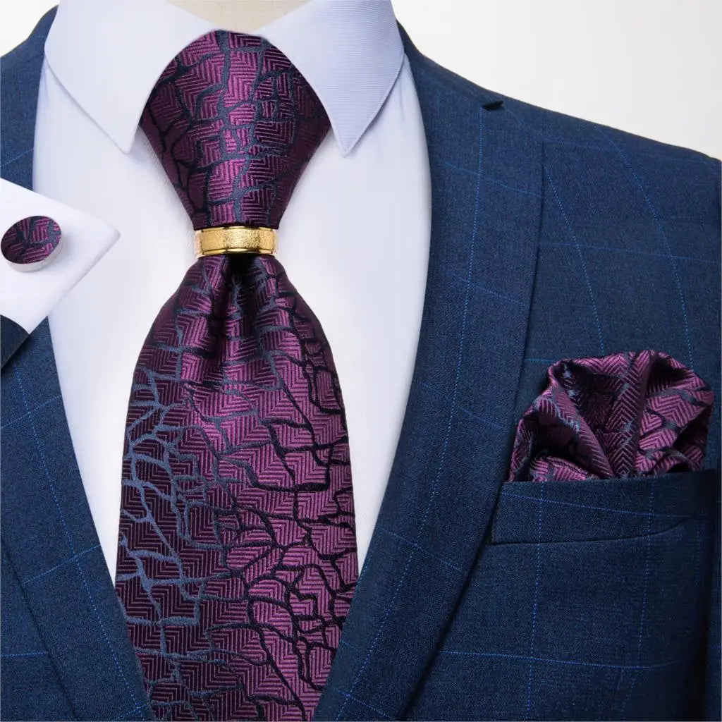 Men's Tie Handkerchief Cuffink Necktie Set Jacquard Woven Silk Blue Wedding Formal Business Party Necktie Ring Set DiBanGu