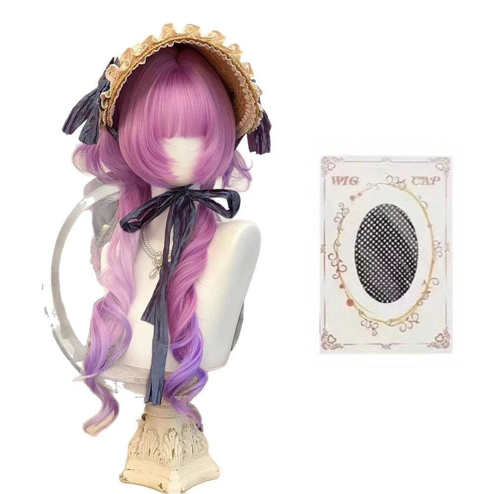 Double Ponytail Long Curly Hair Wig with Bangs Synthetic Hair Cute Lolita Wigs for Women Daily Party Cosplay Wig Heat Resistant