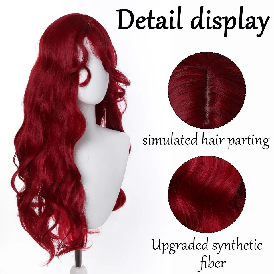 Long Straight Wavy Wine Red Wig With Bang Synthetic Wigs for Women Heat Resistant Natural Hair for Daily Halloween Cosplay Party