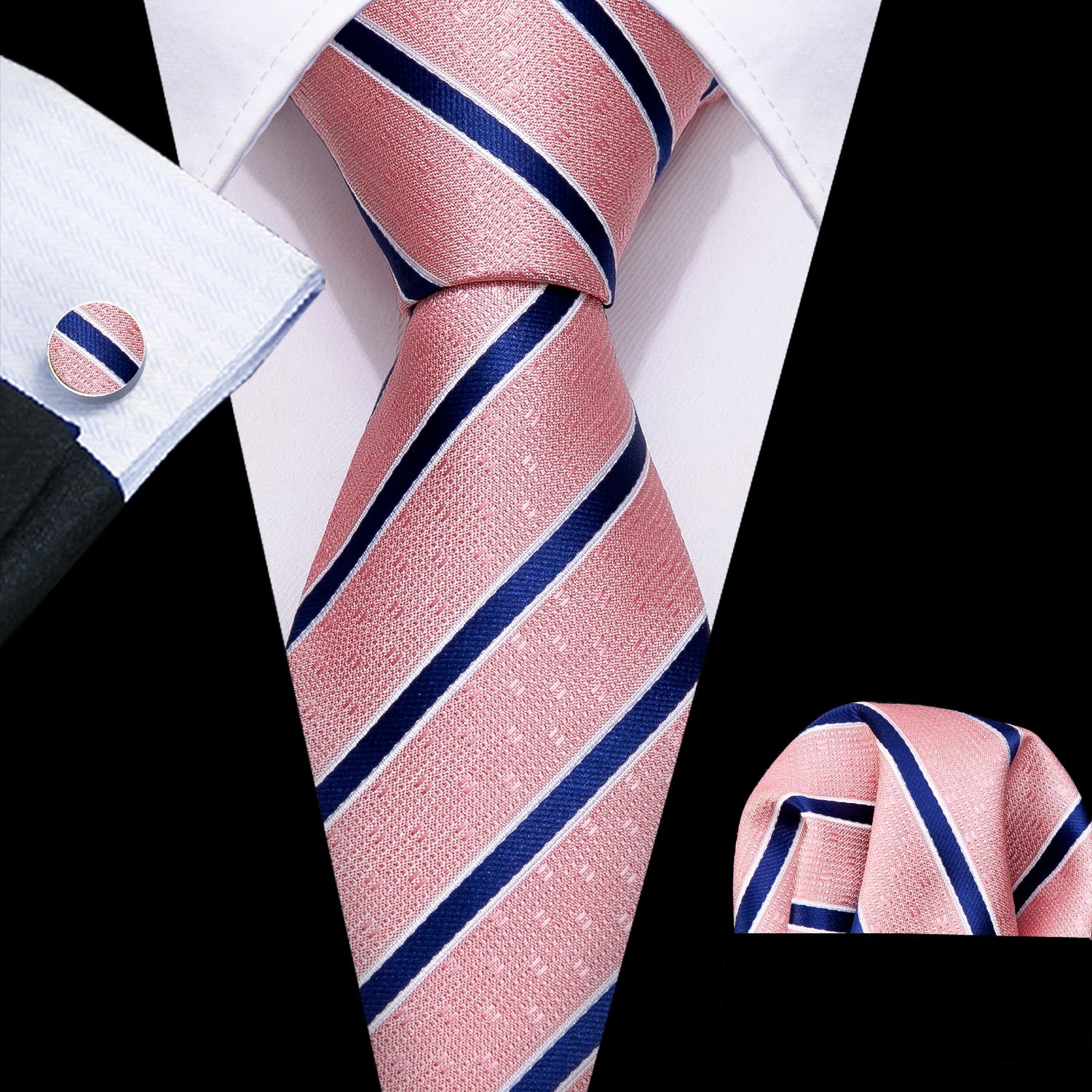 Male Luxury Neck Tie For Men Business Red Striped Tie Hanky Cufflinks Set Neckwear Wedding Party Casual