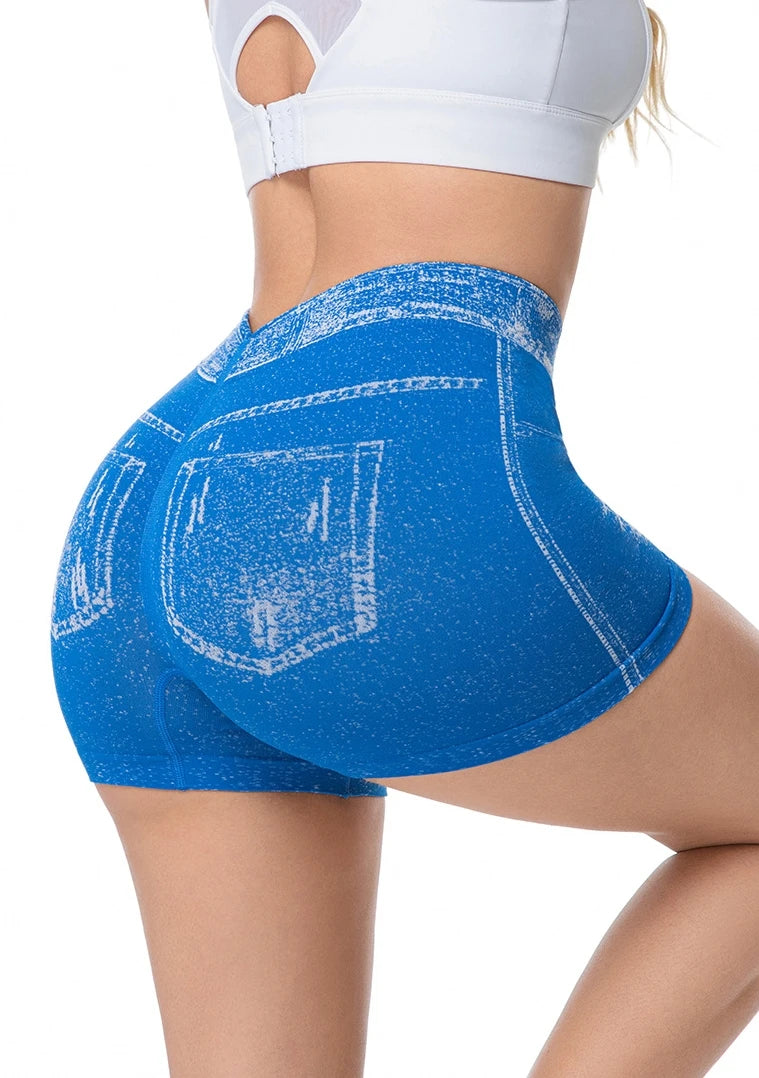 Jeans-like seamless yoga shorts with a V-shaped back, designed to enhance the posterior and provide quick-drying, form-fitting r