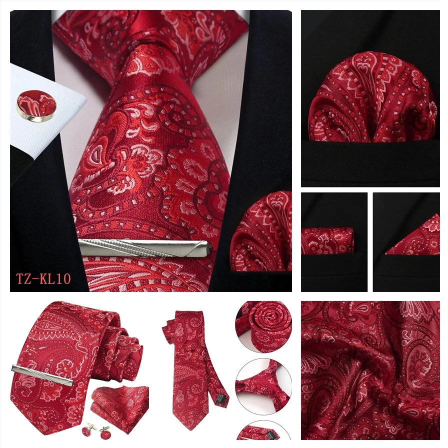 Mens Tie Set Silk Silver Paisley Floral Necktie and Pocket Square Cufflinks Tie Clip Classic Formal Ties for Men Wedding Party