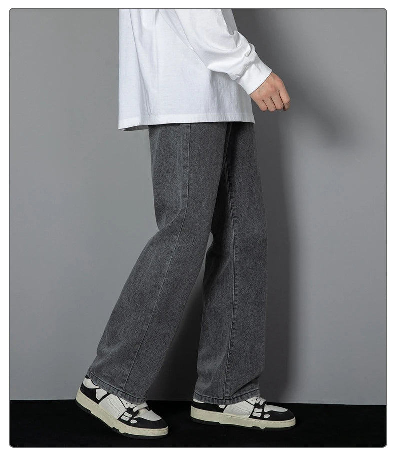 2026 New Korean Men's Casual Long Jeans Classic Man Straight Denim Wide-leg Pants Solid Color Light Blue Grey Black