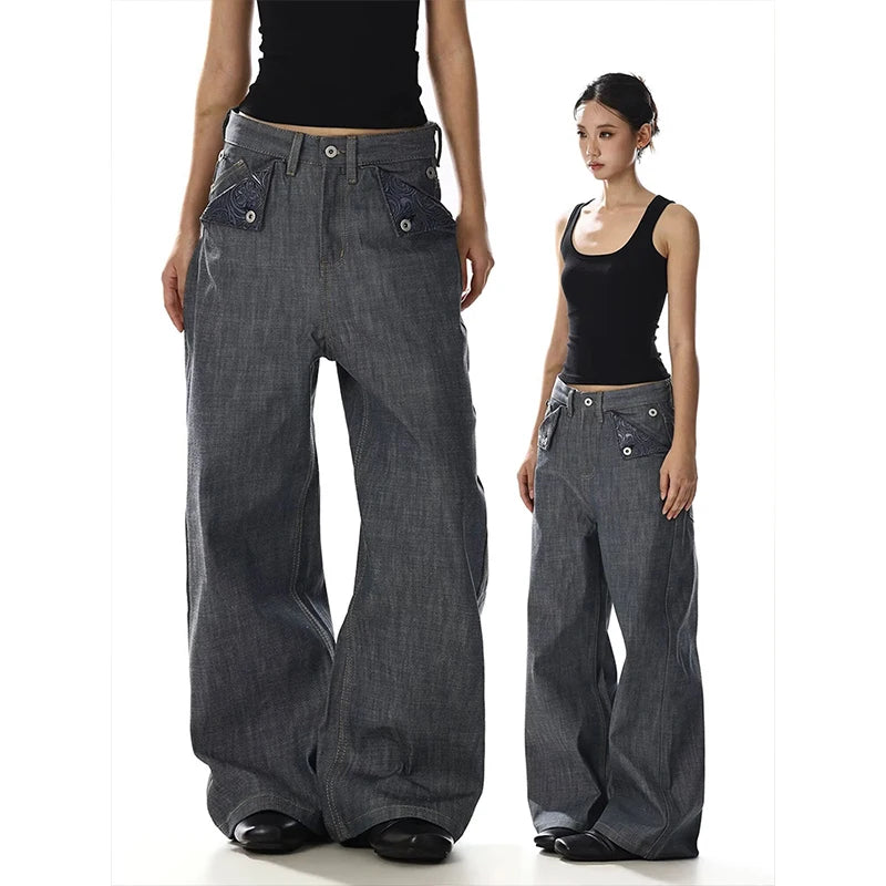 Summer Streetwear Vintage Loose Wide Leg Casual Pants Straight Cut Versatile Original Cow Denim Jeans Low Waist Embroidered