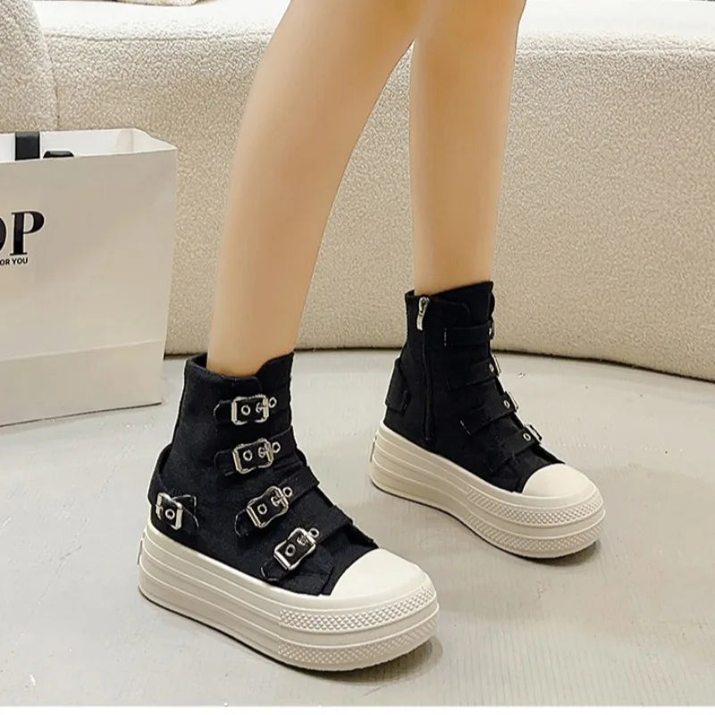 Women Platform Canvas Shoes Outdoor Goth Punk Versatile Sneaker Buckle Strap Design High Top Fashion Zipper Boots Female Cosplay
