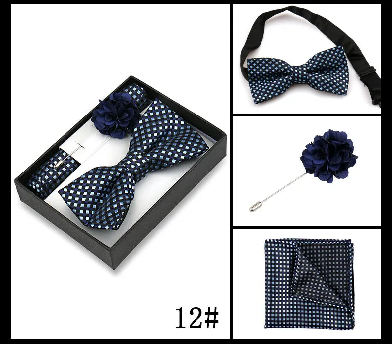 Classic High Quality Bow Tie Set Box Gift For Men Fashion Elegant Bowtie Handchief And Brooch Set Wedding Business Accessories