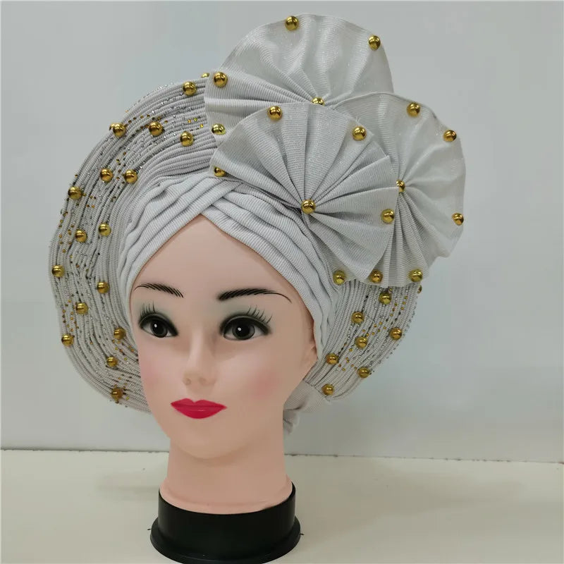 High Quality African Nigeria Gele Elegant Helmet With Stones Headband Turban Head Scarf Head-Hat Auto Gele Brand New Hats 7L1181
