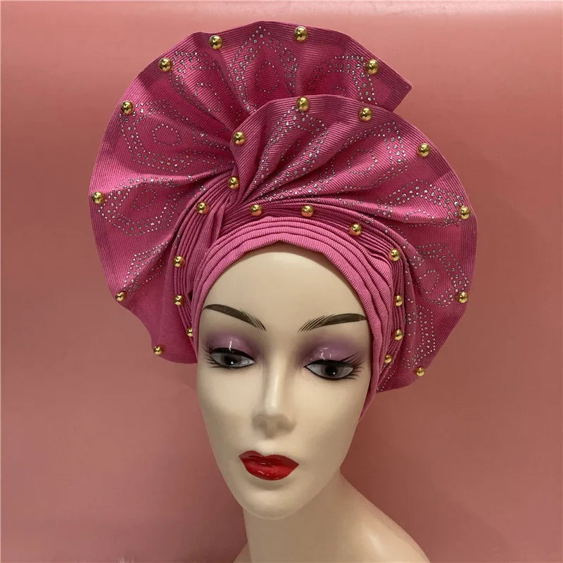 High Quality African Nigeria Gele Elegant Helmet With Stones Headband Turban Head Scarf Head-Hat Auto Gele Brand New Hats 7L5191
