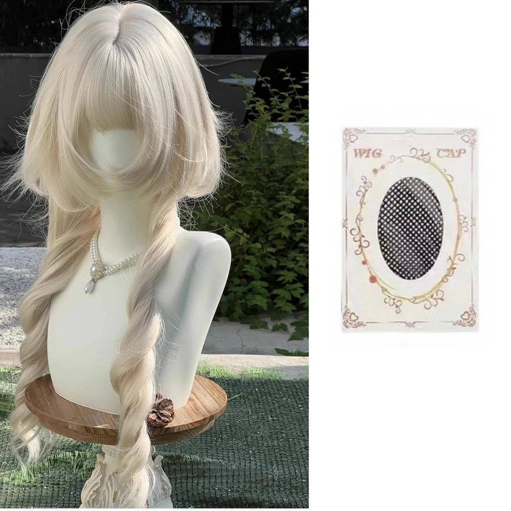 Double Ponytail Long Curly Hair Wig with Bangs Synthetic Hair Cute Lolita Wigs for Women Daily Party Cosplay Wig Heat Resistant