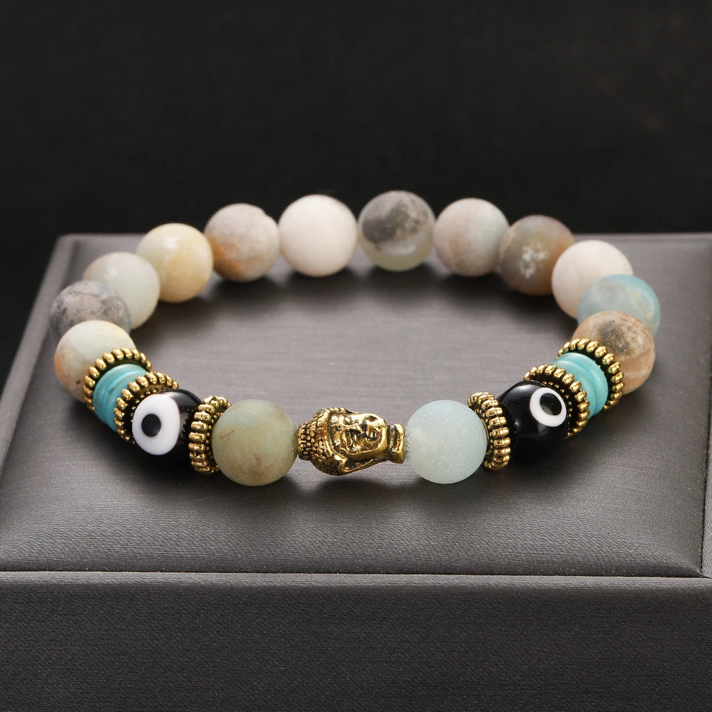 Classic Buddha&Evil Eye Bracelet Women Men 10mm Round Turquoises Blue Stone Bangles Handmade Elastic Yoga Bracelet