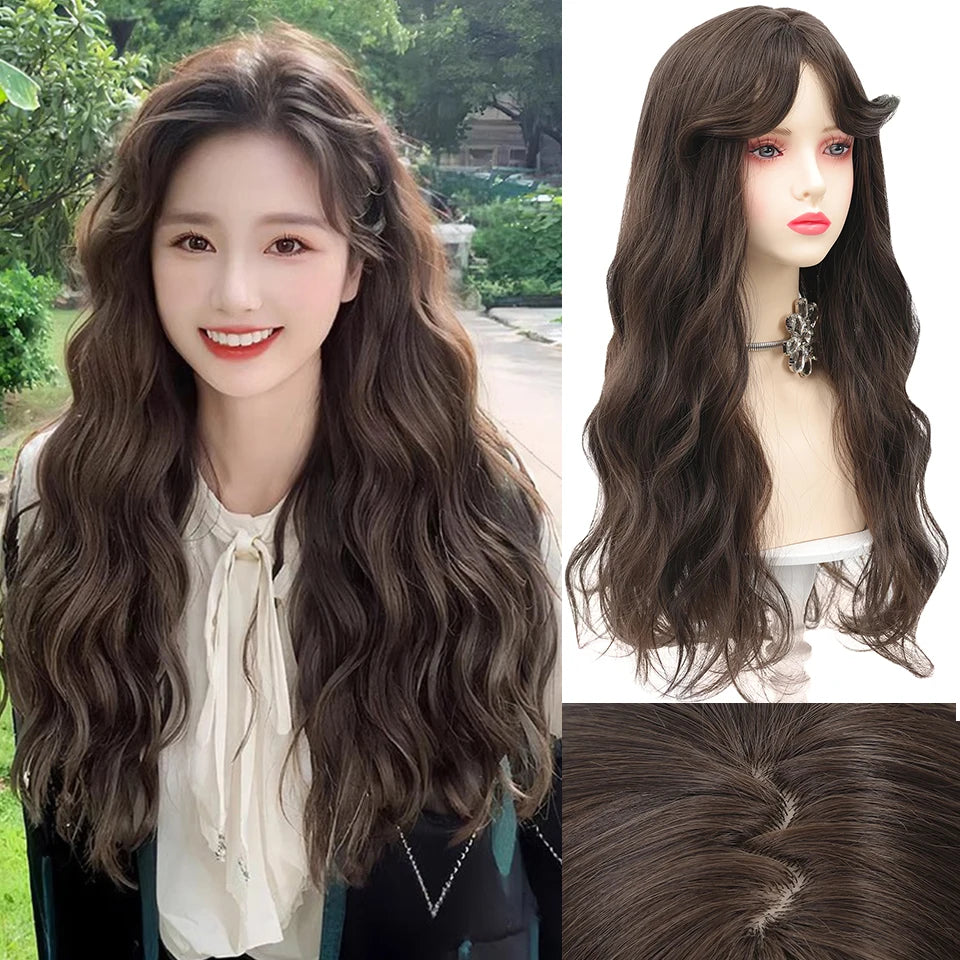 Long Curly Hair Wool Synthetic Wig With Bangs Full Head Beauty Temperament Wig for Girl Daily Party Halloween Christmas Festival