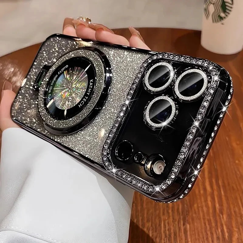 Plating transparent diamond glitter magnetic phone case for iPhone 17 16 13 14 15 Pro Max lens protection bracket back cover
