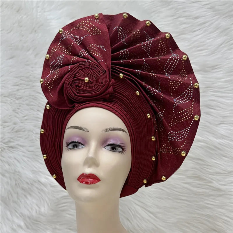 High Quality African Nigeria Gele Elegant Helmet With Stones Headband Turban Head Scarf Head-Hat Auto Gele Brand New Hats 7L1181